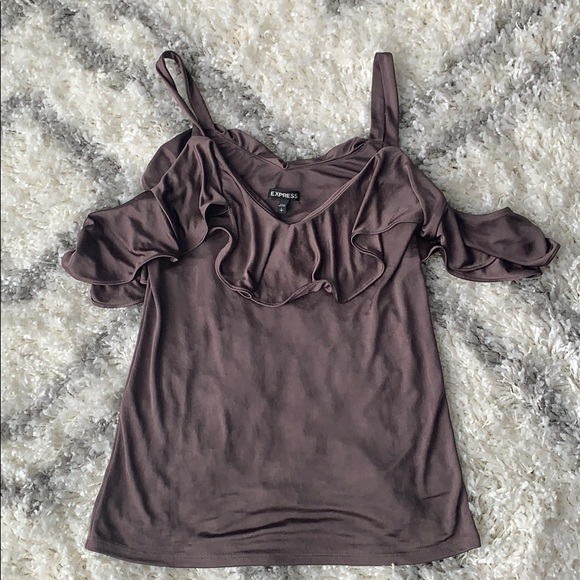 Brown Metallic Ruffle Overlay Cold Shoulder Blouse - Picture 2 of 4